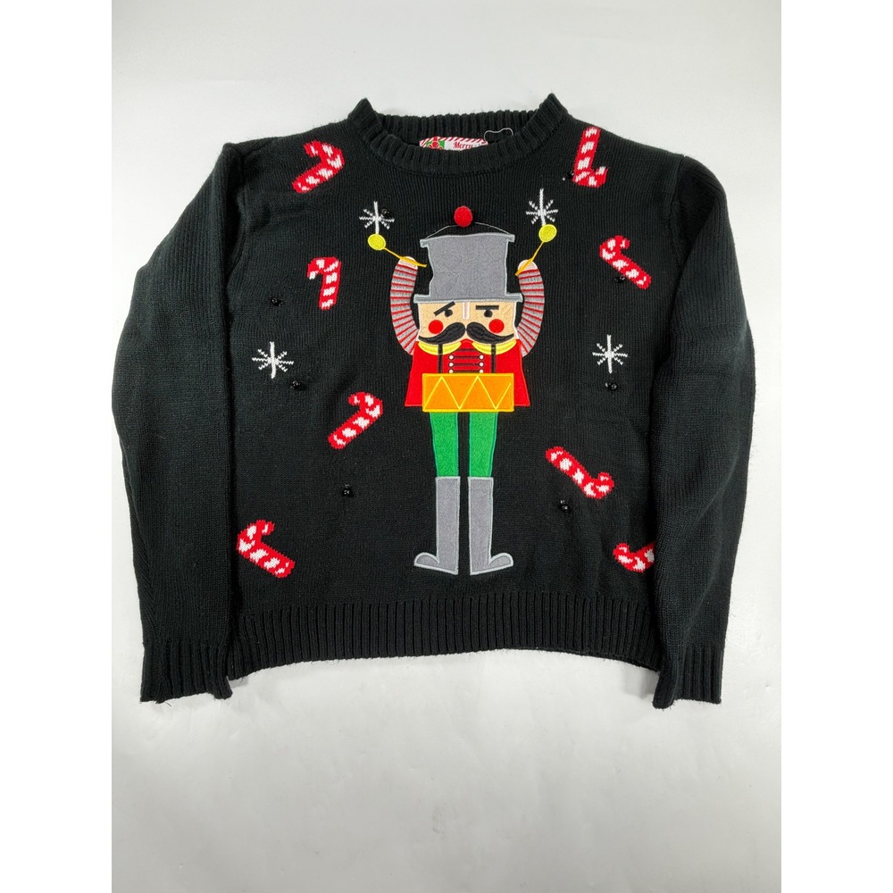 Merry Christmas Nutcracker Candy Cane Black Knit Sweater Womens Medium RN122786